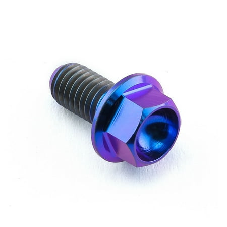 Flanged hex head titanium bolt in purple, measuring M5 x 0.80mm x 10mm, featuring a shiny finish and a six-sided head for easy installation.