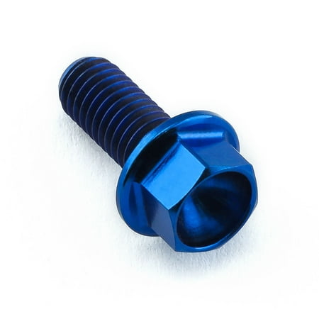 Flanged hex head titanium bolt in blue, measuring M5 x 0.80mm x 12mm with an 11mm flange, featuring a smooth, shiny finish and distinct threading.