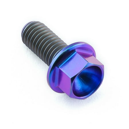 Flanged hex head titanium bolt in purple, measuring M5 x 0.80mm x 12mm, featuring a shiny finish and distinct hexagonal shape for easy installation.
