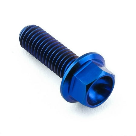 Flanged hex head titanium bolt in blue, measuring M5 x 0.80mm x 15mm with a 13mm head, featuring a smooth finish and deep hex socket for easy installation.