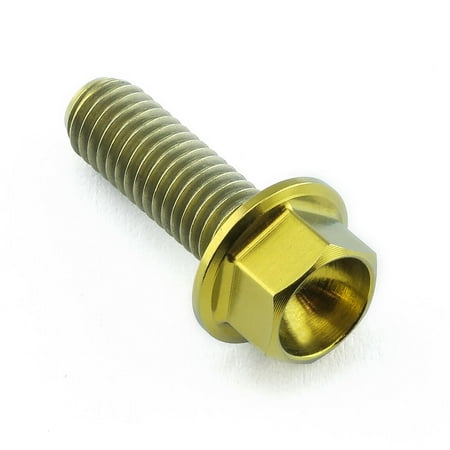 Gold titanium flanged hex head bolt, measuring M5 x 0.80mm x 15mm with a 13mm head, featuring a shiny finish and threaded shaft for secure fastening.