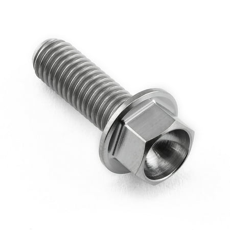 Flanged hex head titanium bolt in natural finish, measuring M5 x 0.80mm x 15mm with a 13mm flange, showcasing a shiny metallic surface and threaded shaft.