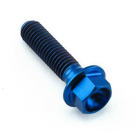 Flanged hex head titanium bolt in blue, measuring M5 x 0.80mm x 20mm with an 18mm flange, featuring a threaded shaft and hexagonal socket for tool use.