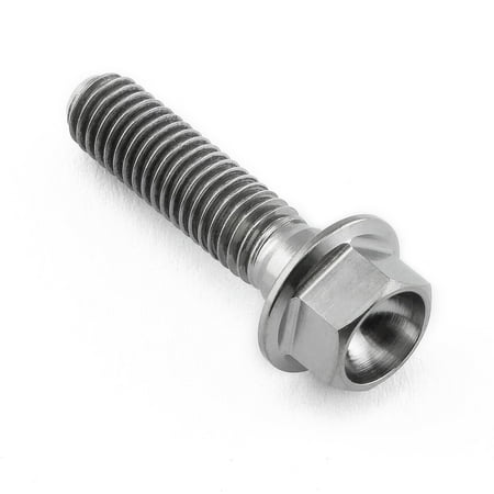 Flanged hex head titanium bolt in natural finish, measuring M5 x 0.80mm x 20mm with an 18mm flange, featuring a smooth, shiny surface and distinct threading.