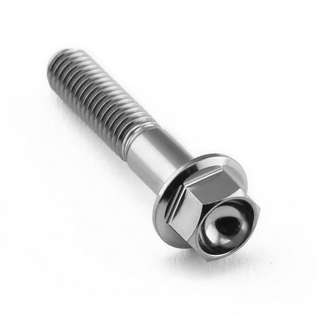 Flanged hex head titanium bolt in natural finish, measuring M5 x 0.80mm x 25mm, featuring a smooth, shiny surface and a rounded head for enhanced grip.