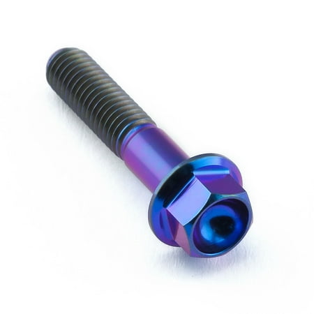 Flanged hex head titanium bolt in purple, measuring M5 x 0.80mm x 25mm, featuring a shiny finish and distinct threading for durability and style.