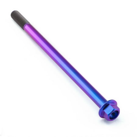 Flanged hex head titanium bolt in vibrant purple, measuring M6 x 1.00mm x 100mm with a 25mm length, featuring a smooth, shiny finish and threaded shaft.