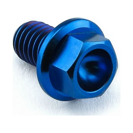 Flanged hex head titanium bolt in blue, measuring M6 x 1.00mm x 10mm, featuring a smooth finish and a rounded head for secure fastening.