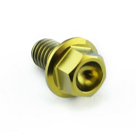 Flanged hex head titanium bolt in gold, measuring M6 x 1.00mm x 10mm with an 8mm head, showcasing a shiny finish and precise threading.