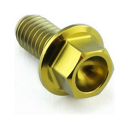Flanged hex head titanium bolt in gold, measuring M6 x 1.00mm x 12mm, featuring a shiny finish and six-sided head for easy installation.