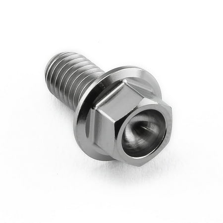 Flanged hex head titanium bolt in natural finish, measuring M6 x 1.00mm x 12mm, featuring a smooth, shiny surface and six-sided head for wrench fitting.