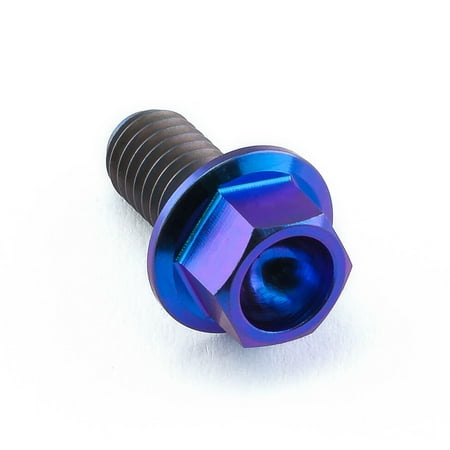 Flanged hex head titanium bolt in purple, measuring M6 x 1.00mm x 12mm, featuring a shiny finish and a hexagonal socket for a wrench.
