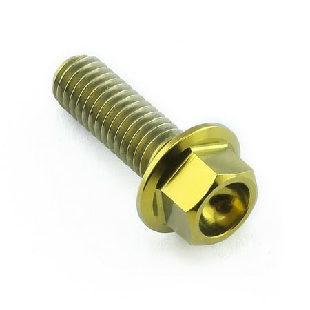 Gold titanium flanged hex head bolt, measuring M6 x 1.00mm x 18mm, with a shiny finish and visible threaded shaft for secure fastening.