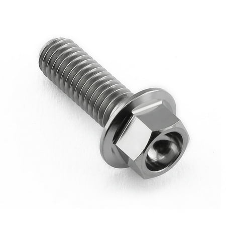 Flanged hex head titanium bolt in natural finish, M6 size, 1.00mm thread pitch, 18mm length with a 15mm flange diameter, featuring a shiny, corrosion-resistant surface.