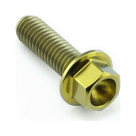 Gold titanium flanged hex head bolt, M6 size with a 1.00mm thread pitch and 20mm length, featuring a shiny finish and a hexagonal head for easy installation.