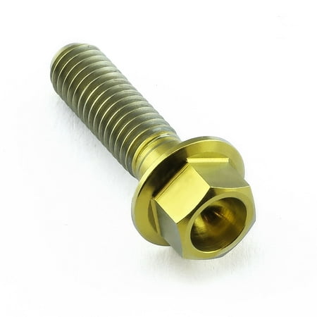 Flanged hex head titanium bolt in gold, measuring M6 x 1.00mm x 22mm, featuring a smooth, shiny finish and prominent hexagonal head design.
