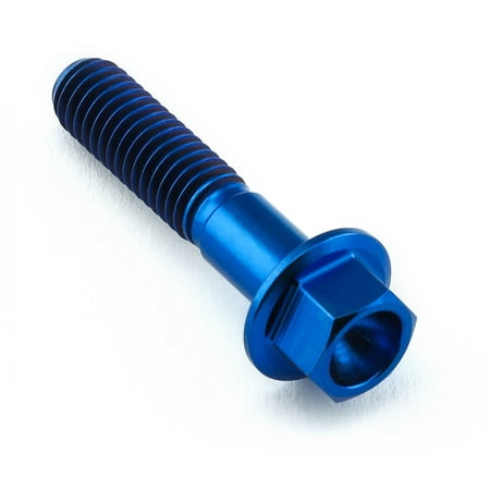 Flanged hex head titanium bolt in vibrant blue, measuring M6 x 1.00mm x 28mm, featuring a smooth shaft and a hexagonal socket for easy installation.