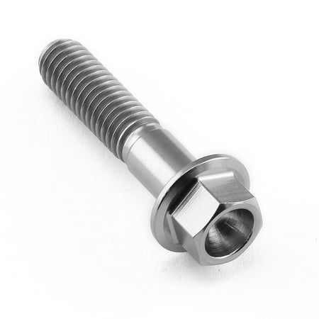 Flanged hex head titanium bolt in natural finish, M6 size, 1.00mm thread pitch, 28mm length with a 25mm flange diameter, showcasing a sleek, durable design.