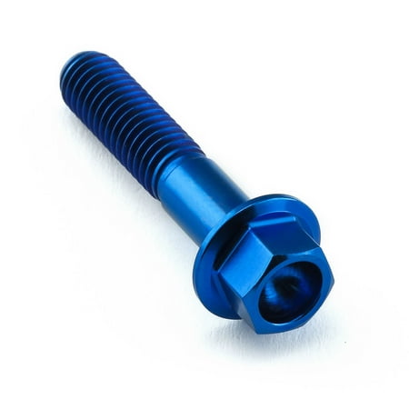 Flanged hex head titanium bolt in blue, measuring M6 x 1.00mm x 30mm, featuring a smooth, shiny finish and distinct threading along the shaft.