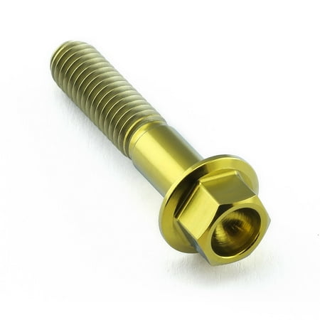 Gold titanium flanged hex head bolt, M6 x 1.00mm x 30mm, featuring a smooth, shiny finish and a hexagonal socket for easy installation.