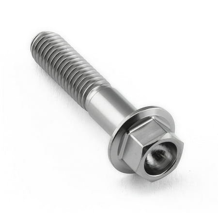 Flanged hex head titanium bolt in natural finish, measuring M6 x 1.00mm x 30mm, featuring a smooth, shiny surface and six-sided nut for secure fastening.