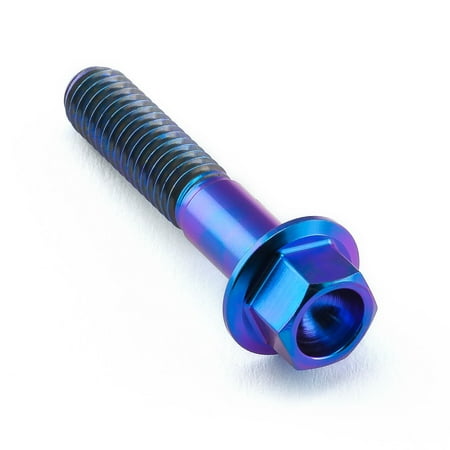 Flanged hex head titanium bolt in purple, measuring M6 x 1.00mm x 30mm, featuring a shiny finish and distinct threading along the shaft.