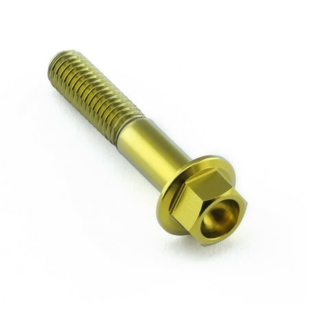 Flanged hex head titanium bolt in gold, measuring M6 x 1.00mm x 32mm, featuring a smooth shaft and a hexagonal nut for secure fastening.
