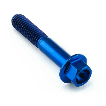 Flanged hex head titanium bolt in vibrant blue, measuring M6 X 1.00mm X 35mm, featuring a smooth shaft and a hexagonal nut for secure fastening.