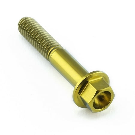 Flanged hex head titanium bolt in gold, measuring M6 x 1.00mm x 35mm, featuring a smooth finish and prominent threading along the shaft.