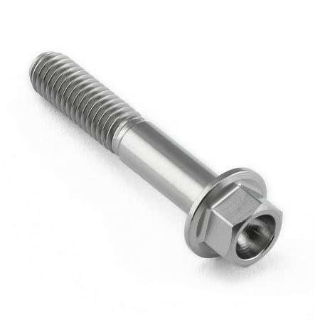 Flanged hex head titanium bolt in natural finish, M6 x 1.00mm x 35mm with a 25mm thread length, featuring a shiny, corrosion-resistant surface and deep hex socket.