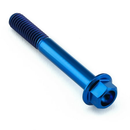 Flanged hex head titanium bolt in vibrant blue, measuring M6 X 1.00mm X 45mm, featuring a smooth finish and prominent threading along the shaft.