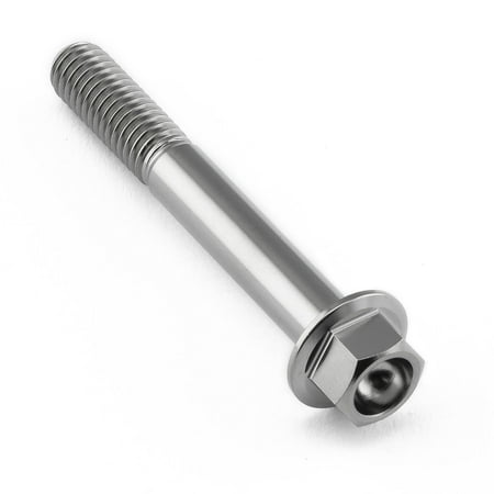 Flanged hex head titanium bolt in natural finish, measuring M6 X 1.00mm X 45mm, featuring a smooth shaft and a hexagonal head for easy installation.