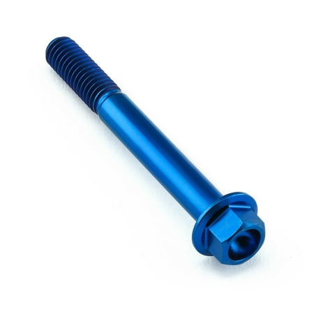 Flanged hex head titanium bolt in vibrant blue, measuring M6 x 1.00mm x 50mm with a 25mm length, featuring a smooth finish and threaded shaft.