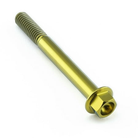 Gold titanium flanged hex head bolt, measuring M6 x 1.00mm x 55mm with a 25mm flange, featuring a smooth, shiny finish and detailed threading along the shaft.