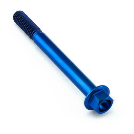 Flanged hex head titanium bolt in blue, measuring M6 x 1.00mm x 60mm, featuring a smooth finish and distinct threading for secure fastening.