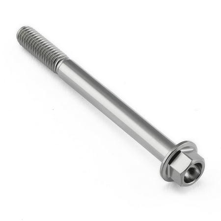 Flanged hex head titanium bolt in natural finish, measuring M6 x 1.00mm x 65mm with a 25mm flange, featuring a smooth, shiny surface and a hexagonal socket for easy installation.