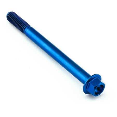 Flanged hex head titanium bolt in vibrant blue, measuring M6 x 1.00mm x 70mm with a 25mm flange, showcasing a sleek, durable design ideal for various applications.