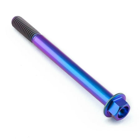 Flanged hex head titanium bolt in vibrant purple, measuring M6 x 1.00mm x 70mm, featuring a smooth finish and a durable, lightweight design.