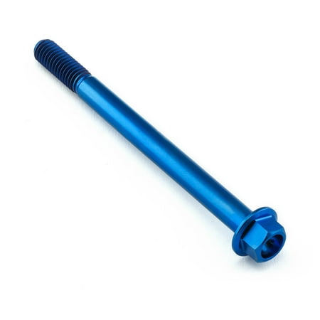 Flanged hex head titanium bolt in vibrant blue, measuring M6 x 1.00mm x 75mm with a 25mm thread length, showcasing a sleek, durable design.