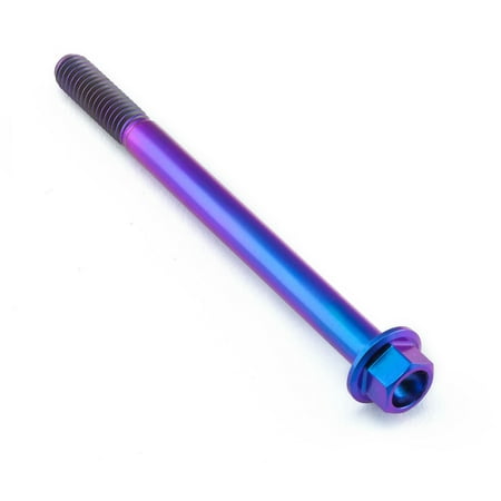 Flanged hex head titanium bolt in purple gradient, measuring M6 x 1.00mm x 75mm, featuring a smooth finish and a hexagonal nut for secure fastening.