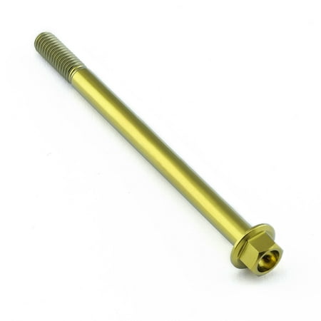 Gold titanium flanged hex head bolt measuring M6 x 1.00mm x 85mm, featuring a smooth finish and durable construction for high-performance applications.