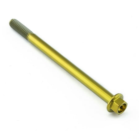 Flanged hex head titanium bolt in gold, measuring M6 x 1.00mm x 90mm with a 25mm thread length, featuring a smooth finish and durable construction.