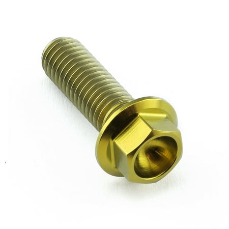 Flanged hex head titanium bolt in gold, measuring M8 x 1.25mm x 25mm, featuring a smooth, shiny surface and distinct threading along the shaft.