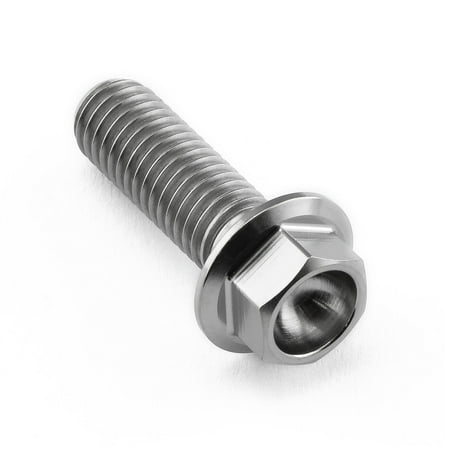 Flanged hex head titanium bolt in natural finish, measuring M8 x 1.25mm x 25mm, featuring a smooth shaft and a rounded flange for secure fastening.
