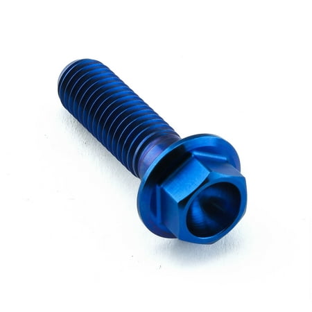 Flanged hex head titanium bolt in blue, measuring M8 x 1.25mm x 28mm, featuring a smooth shaft and a robust, hexagonal head for secure fastening.