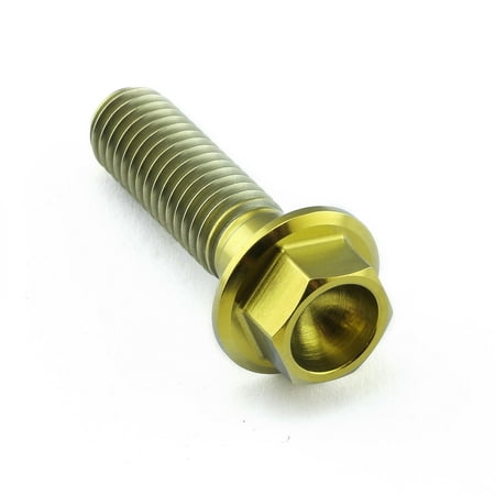 Gold titanium flanged hex head bolt, M8 x 1.25mm x 28mm, featuring a smooth, shiny finish and a hexagonal socket for wrench compatibility.