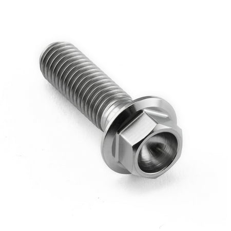 Flanged hex head titanium bolt in natural finish, M8 x 1.25mm x 28mm, featuring a smooth, shiny surface and distinct threaded shaft for secure fastening.