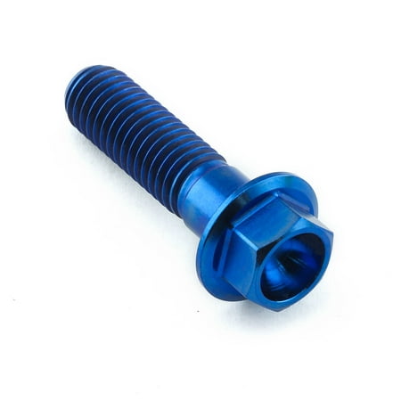 Flanged hex head titanium bolt in blue, measuring M8 X 1.25mm X 30mm, featuring a threaded shaft and a hexagonal socket for easy installation.