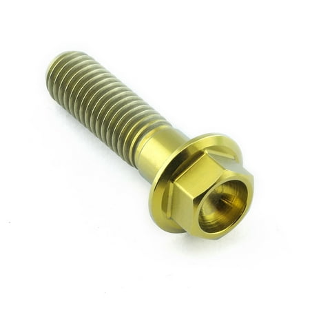 Gold titanium flanged hex head bolt, M8 size, with a 1.25mm thread pitch and 30mm length, featuring a smooth, shiny finish and distinct hexagonal head for easy installation.
