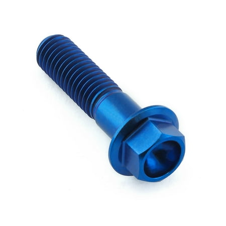 Flanged hex head titanium bolt in blue, measuring M8 x 1.25mm x 32mm, featuring a smooth, shiny finish and deep hex socket for easy installation.